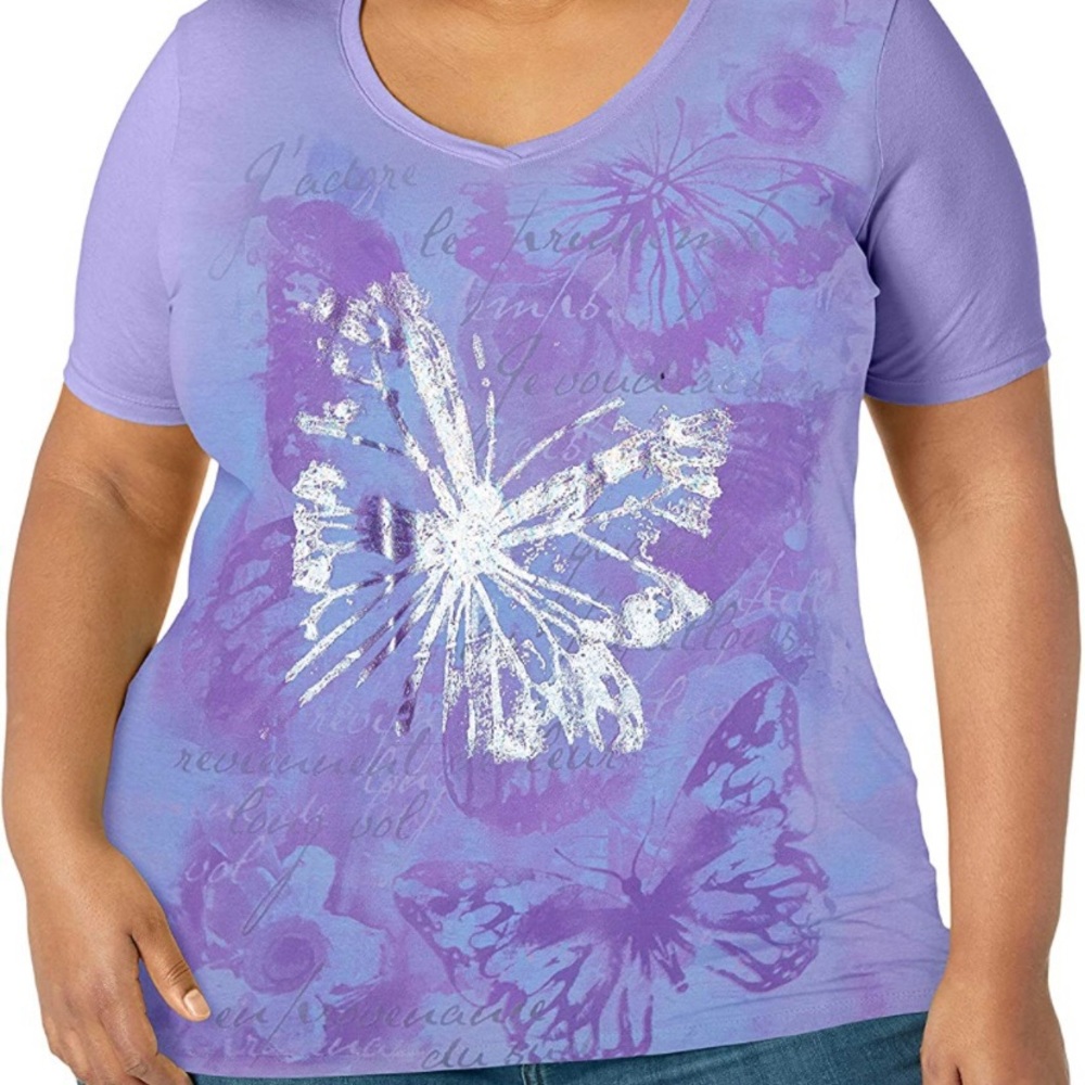 JUST MY SIZE Womens V-Neck Foil Butterfly Graphic Tee-NEW